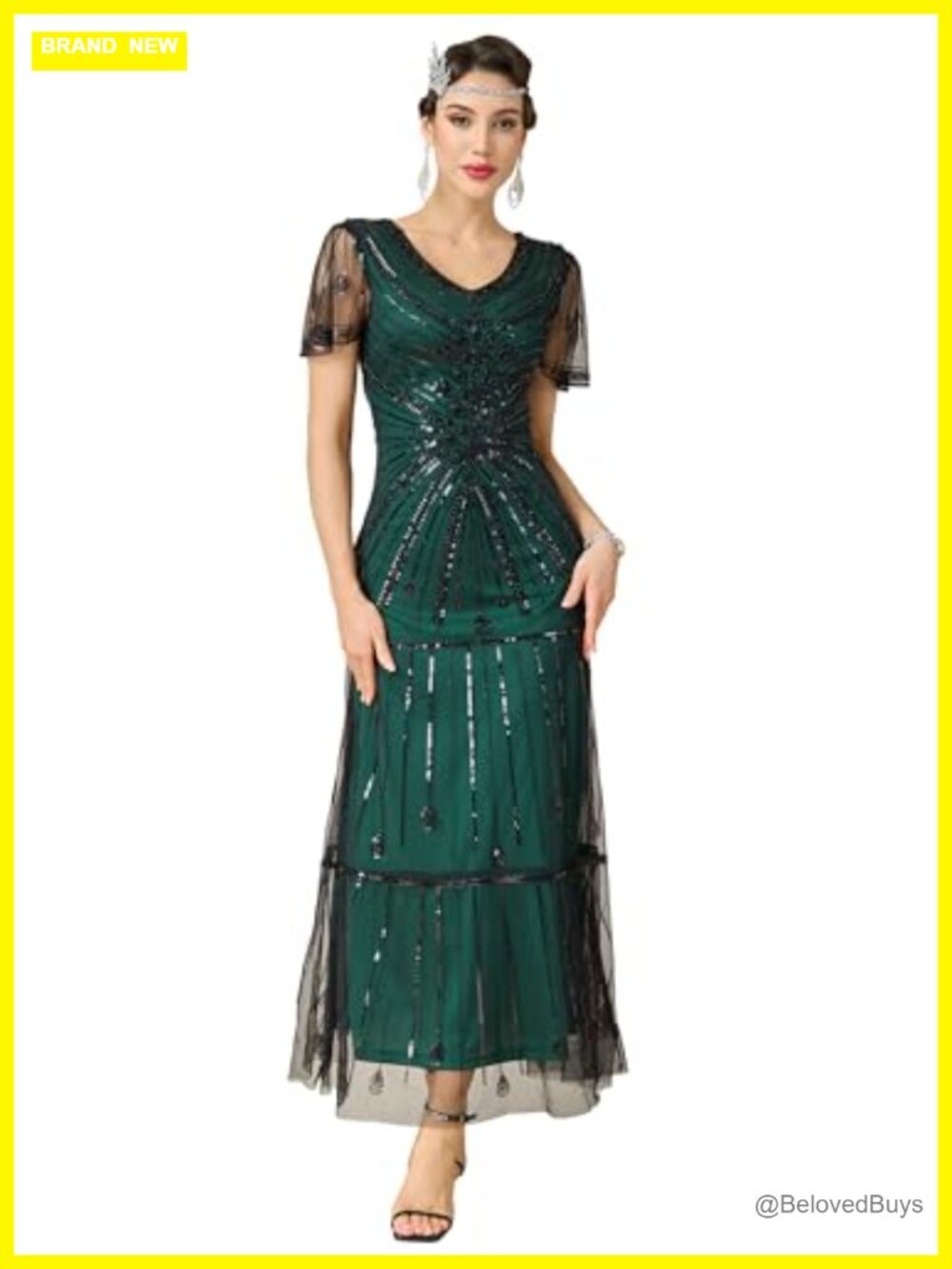 1920s Flapper Sequin Beaded Maxi Dress V-Neck Evening Gown Formal